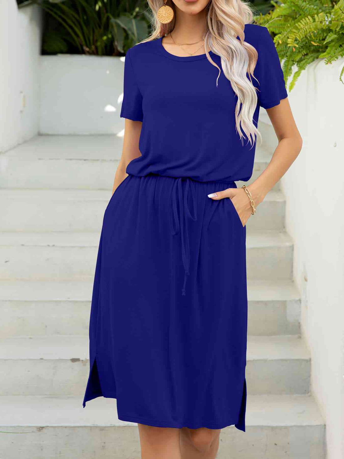 Round Neck Short Sleeve Slit Dress with Pockets -BazaarBey - www.shopbazaarbey.com