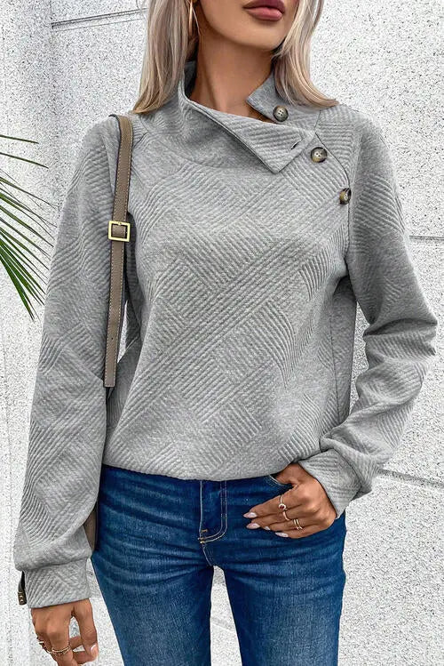 Geometric Buttoned Long Sleeve Sweatshirt Bazaarbey