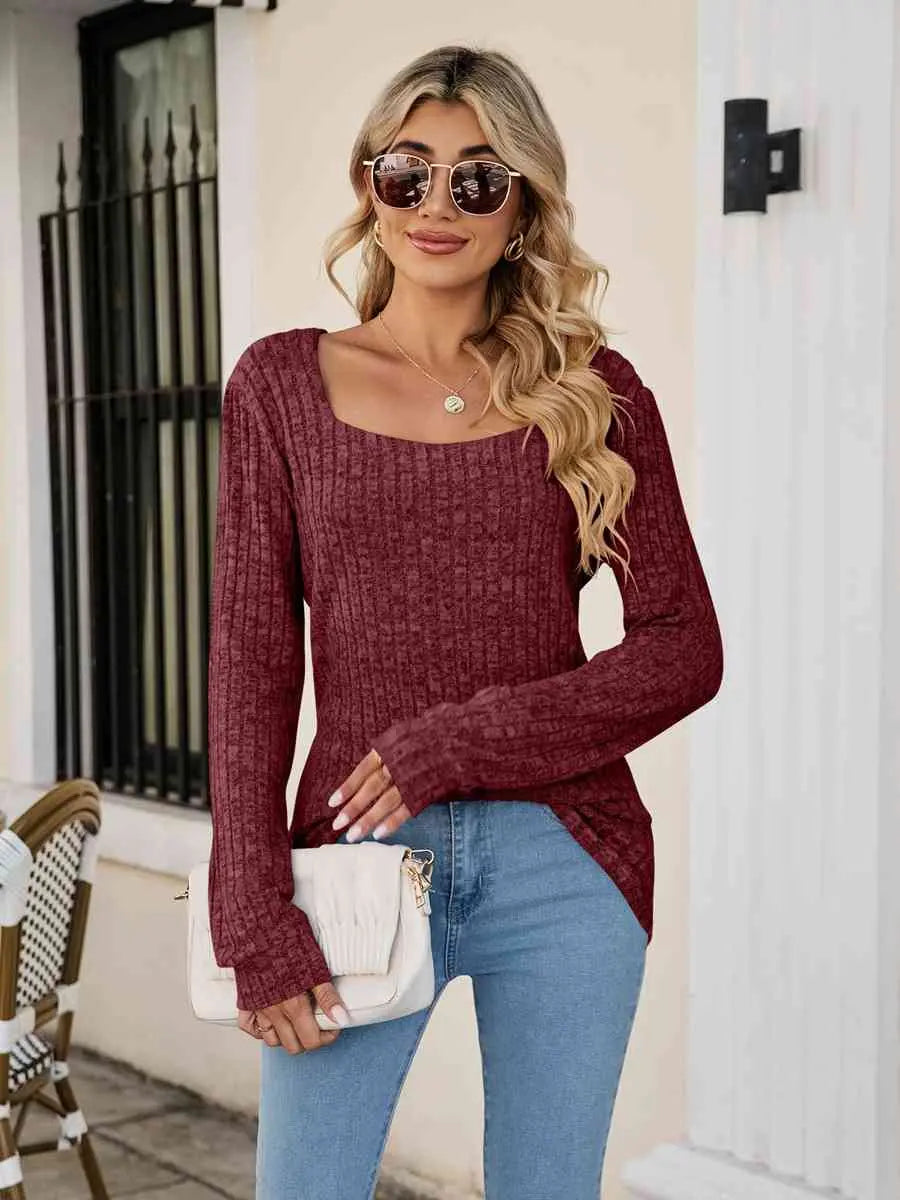 Square Neck Ribbed Long Sleeve T-Shirt Trendsi