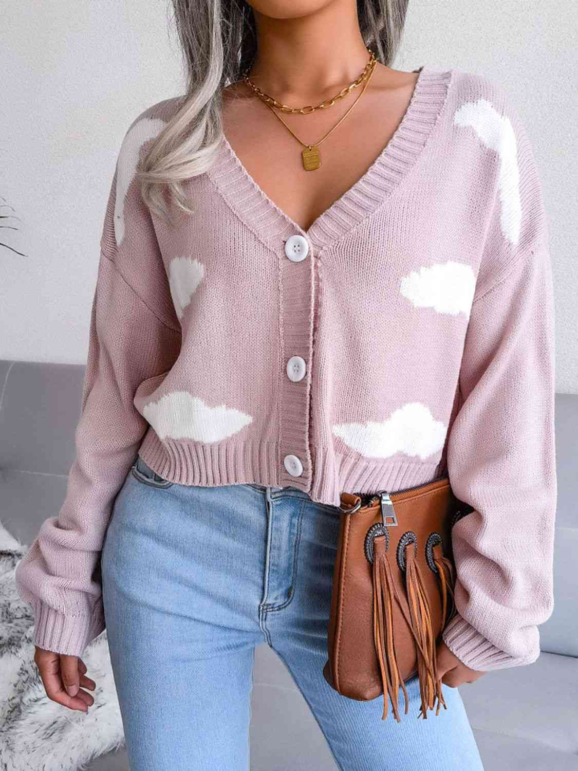 Cloud Print Button Down Ribbed Trim Cardigan Trendsi