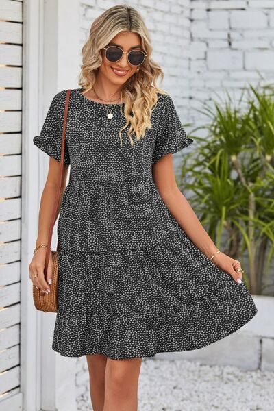 Polka Dot Round Neck Tiered Dress Bazaarbey