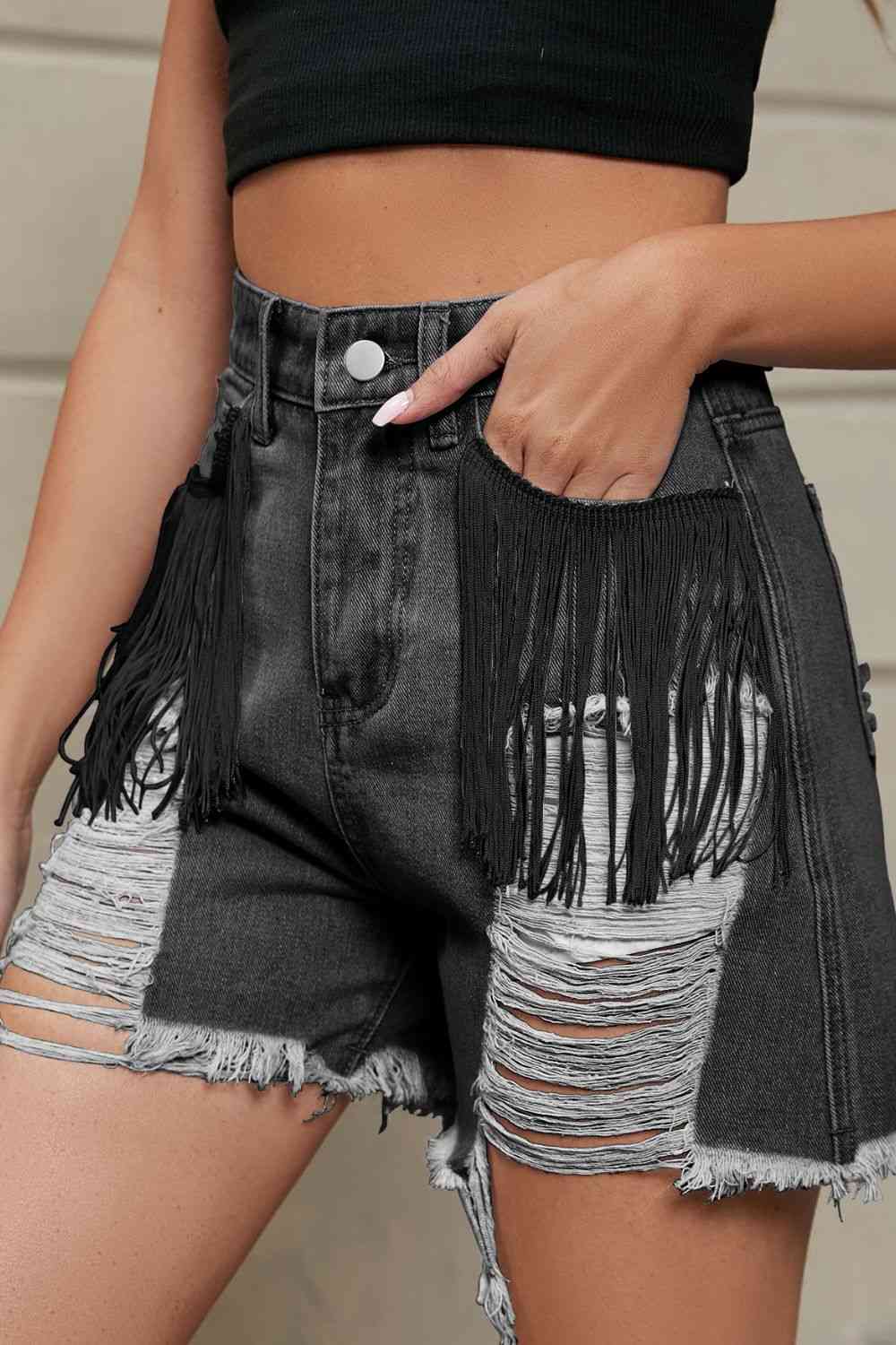 Fringe Trim Distressed Denim Shorts with Pockets Bazaarbey