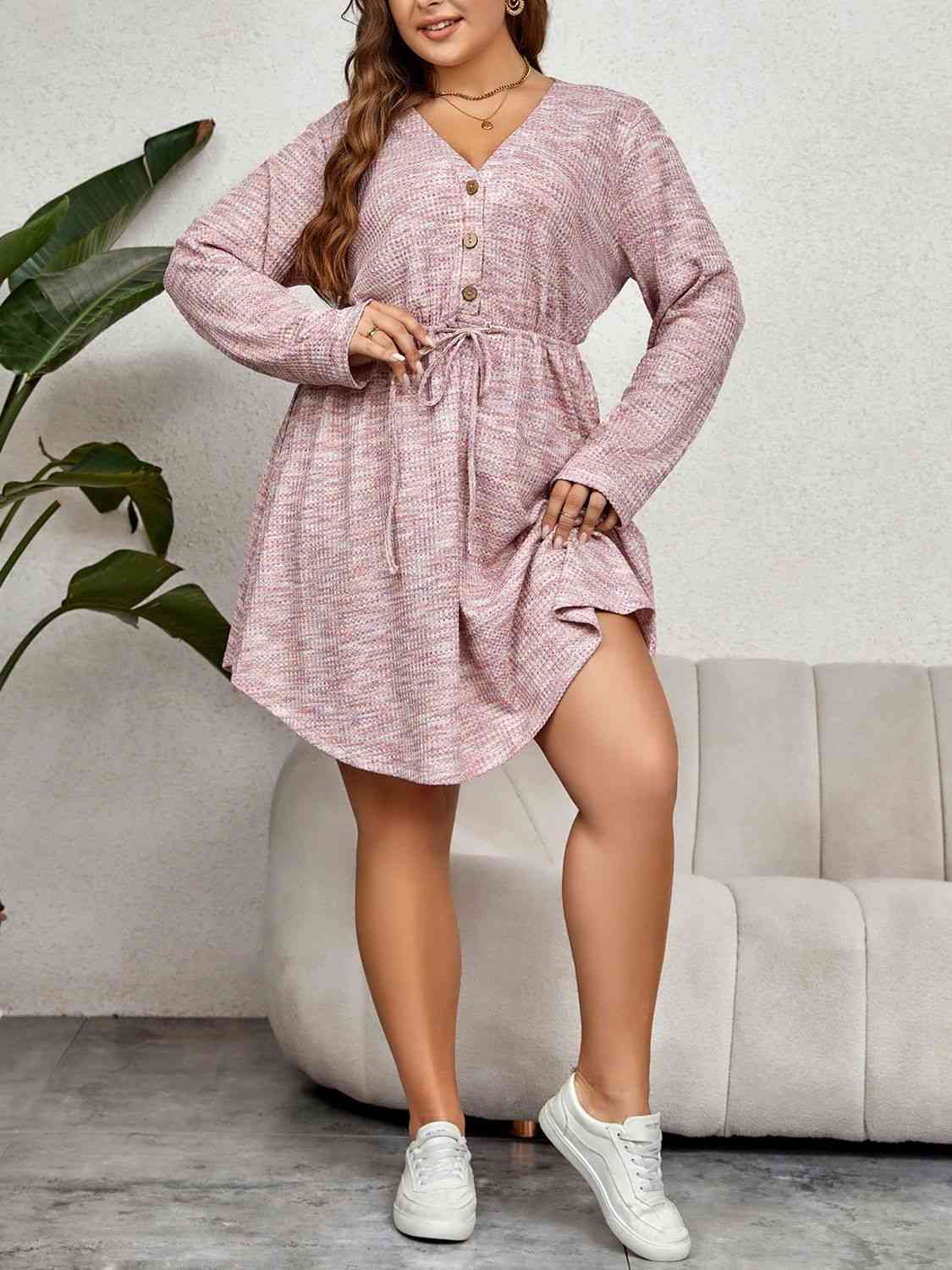 Plus Size V-Neck Tie Waist Long Sleeve Dress -BazaarBey - www.shopbazaarbey.com