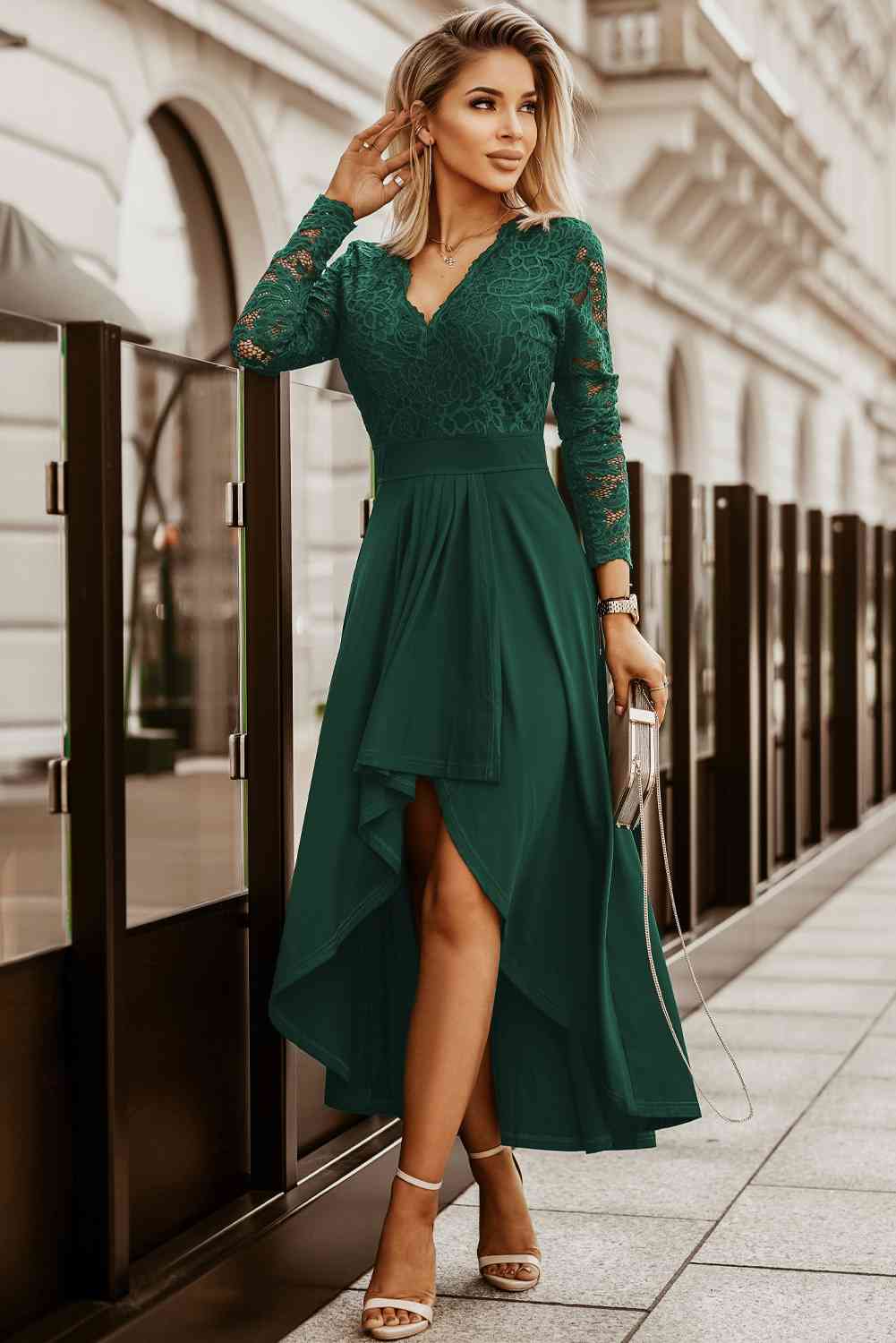 Lace High-Low V-Neck Dress Bazaarbey