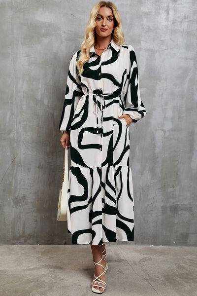 Tie-Waist Printed Button Up Dress -BazaarBey - www.shopbazaarbey.com