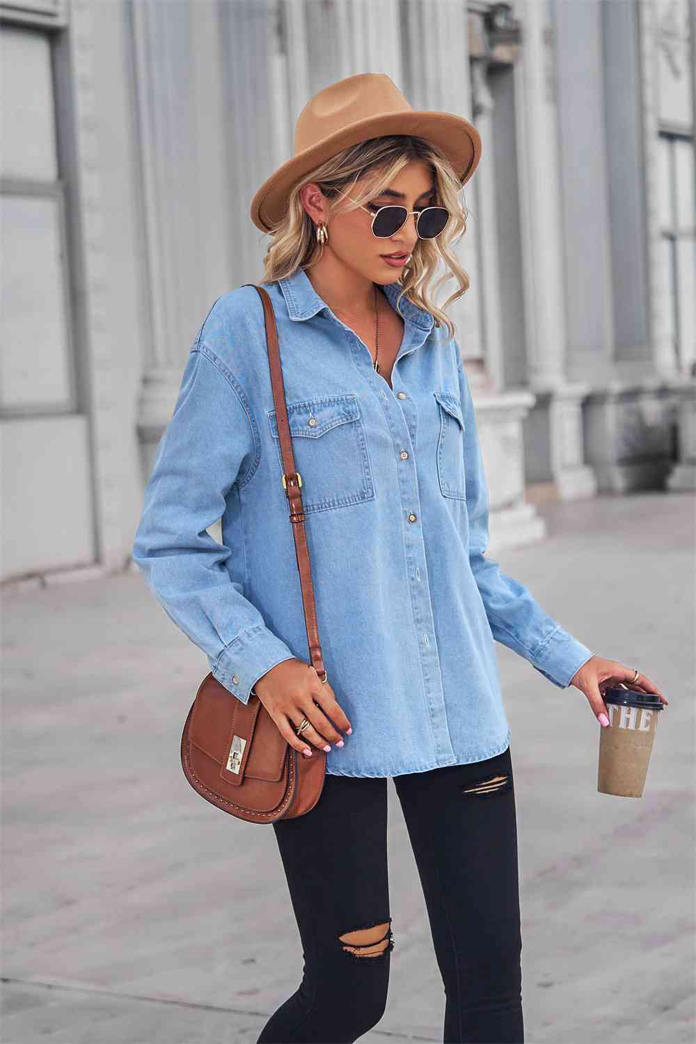 Collared Neck Dropped Shoulder Denim Top Bazaarbey