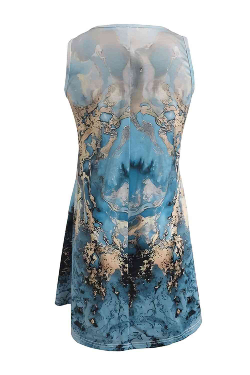 Abstract Print Round Neck Sleeveless Dress with Pockets -BazaarBey - www.shopbazaarbey.com