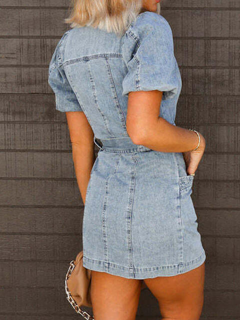 Puff Sleeve Button Up Mini Denim Dress Bazaarbey