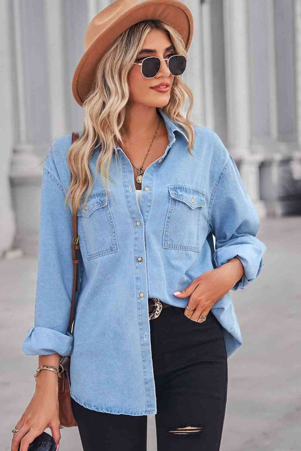 Collared Neck Dropped Shoulder Denim Top Bazaarbey