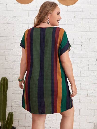 Plus Size Striped Short Sleeve Mini Dress -BazaarBey - www.shopbazaarbey.com