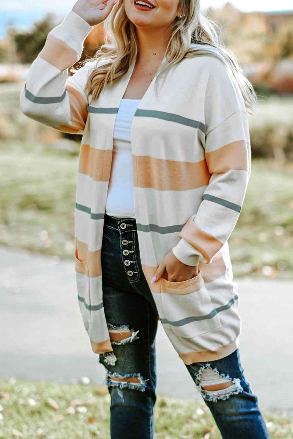 BazaarBey  Striped Open Front Cardigan Trendsi