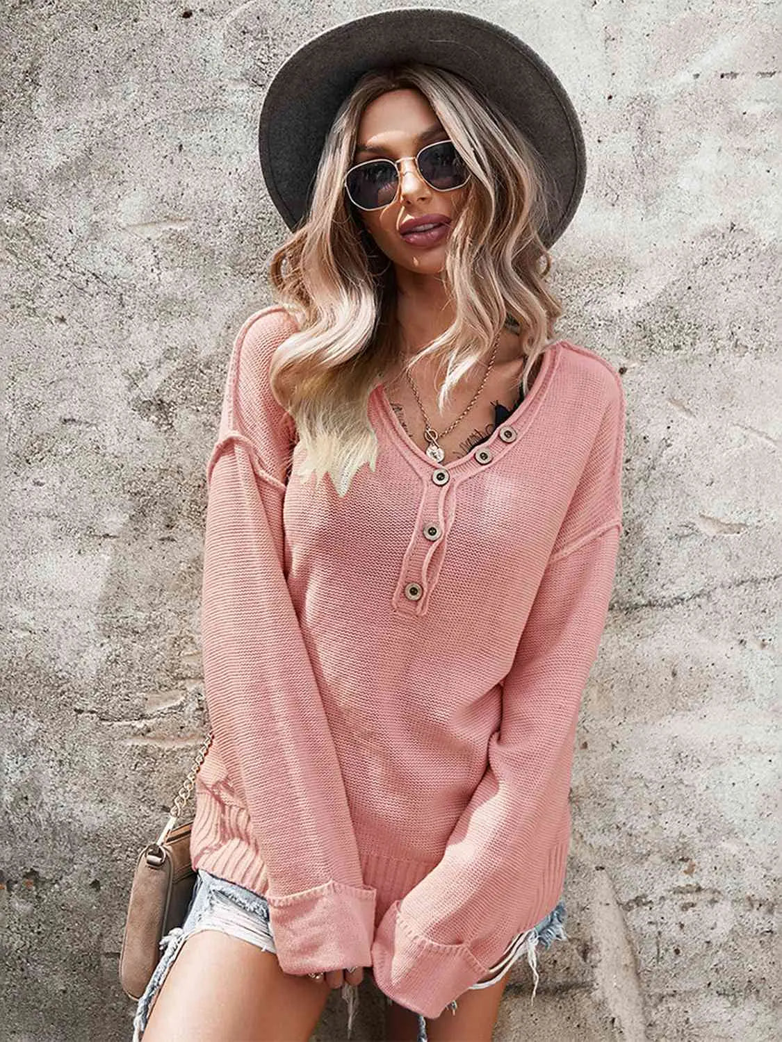 BazaarBey Buttoned Exposed Seam Knit Top Trendsi