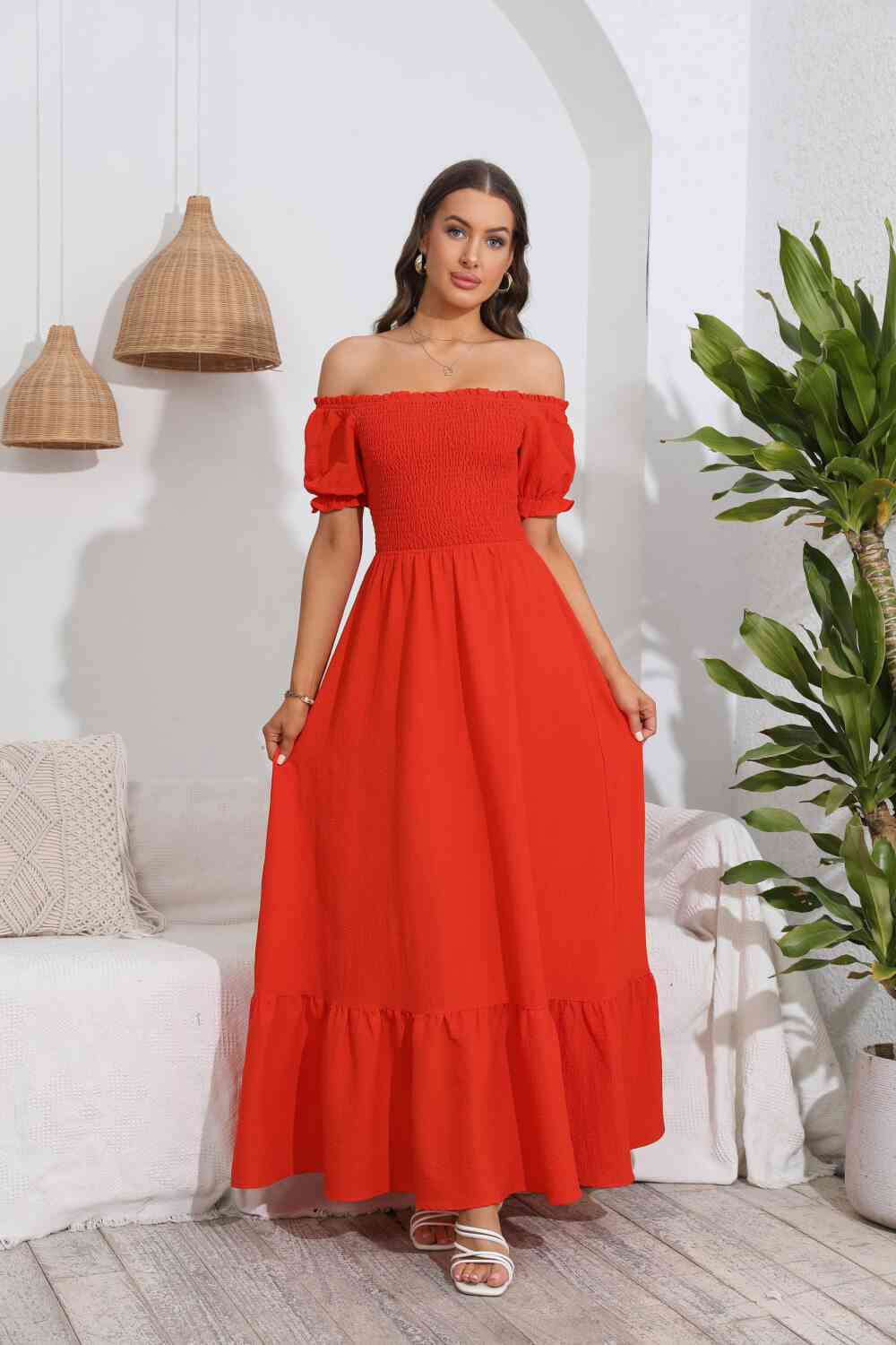 Smocked Off-Shoulder Maxi Dress Bazaarbey