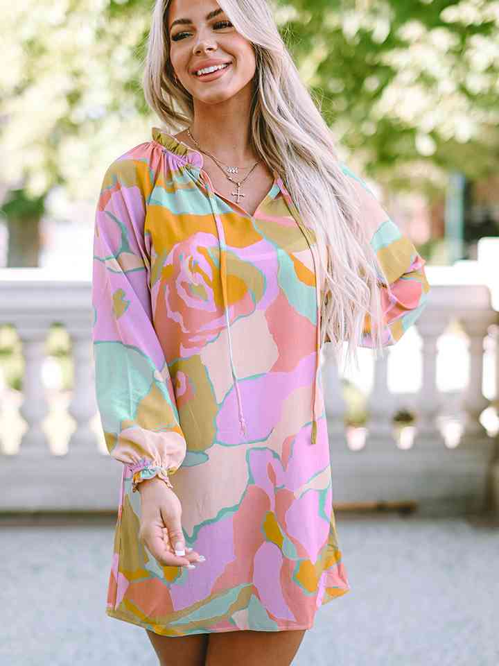 Printed Tie Neck Long Sleeve Dress -BazaarBey - www.shopbazaarbey.com