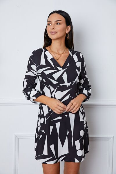 Geometric V-Neck Roll-Tab Sleeve Mini Dress Bazaarbey