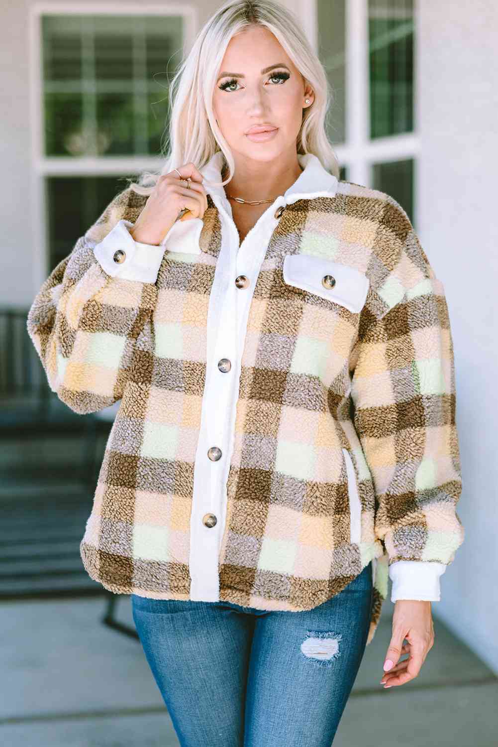 Plaid Collared Neck Button Down Jacket Trendsi