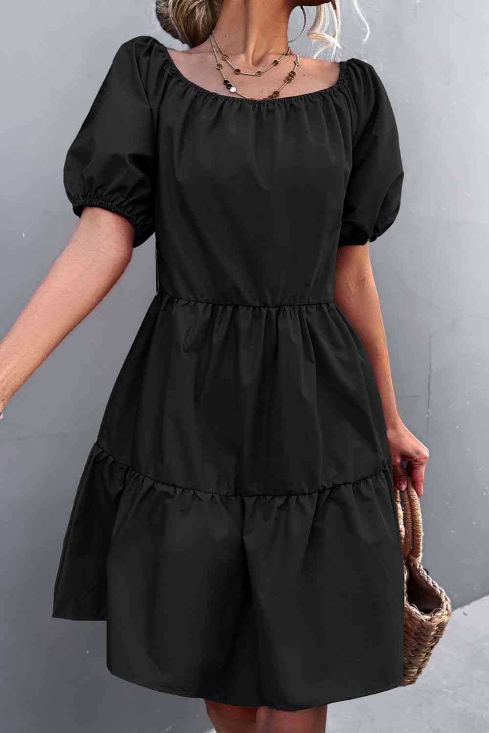 Square Neck Short Sleeve Mini Dress -BazaarBey - www.shopbazaarbey.com