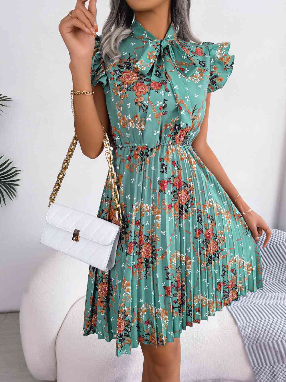 Pleated Floral Printed Tie Neck Knee Length Dress -BazaarBey - www.shopbazaarbey.com