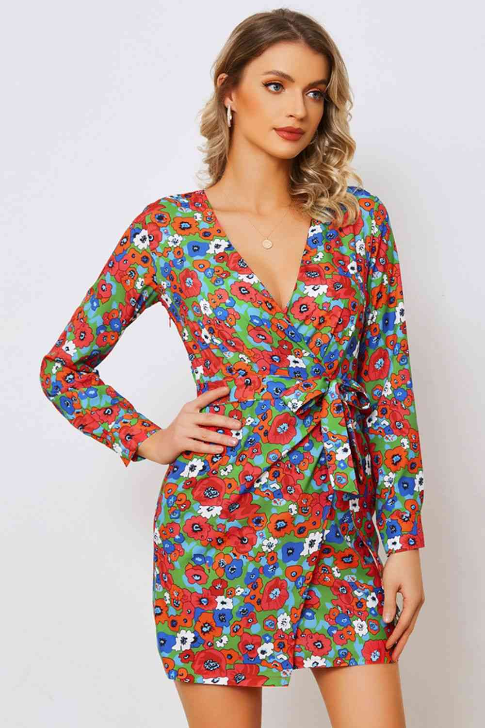 Floral Tied Long Sleeve Plunge Dress -BazaarBey - www.shopbazaarbey.com