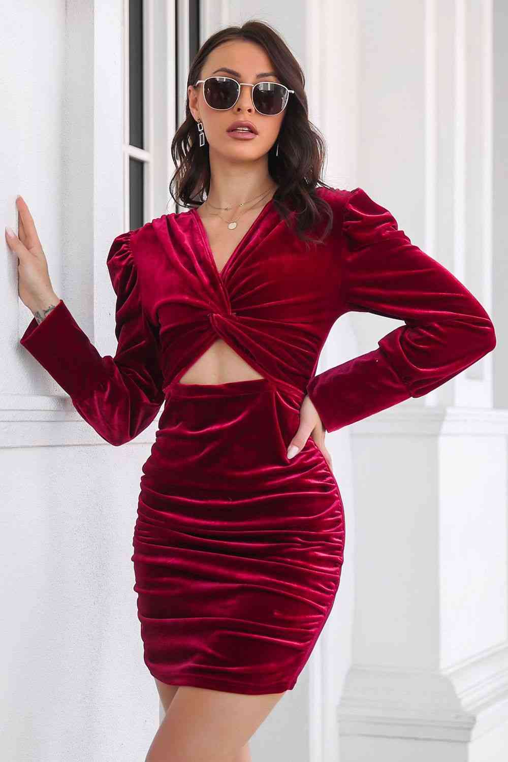 Twist Front Cutout Long Sleeve Dress -BazaarBey - www.shopbazaarbey.com