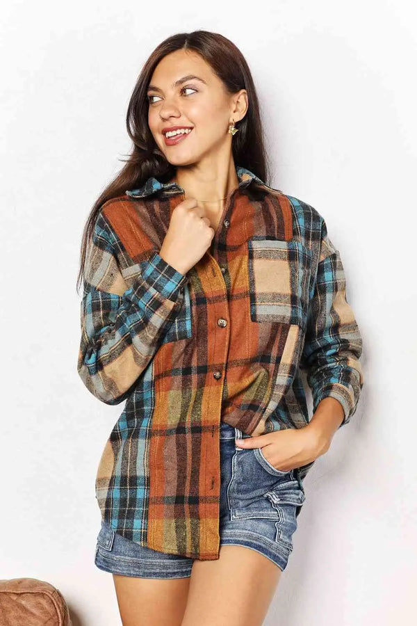  Plaid Curved Hem Shirt Jacket with Breast Pockets Trendsi