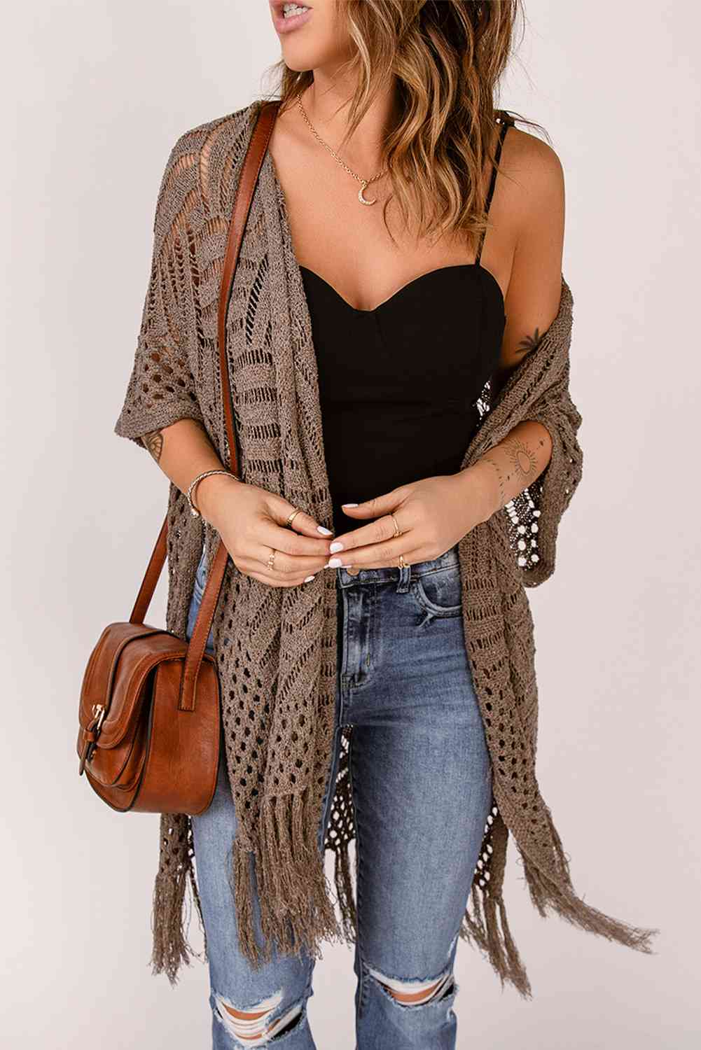 Fringe Hem Slit Open Front Cardigan Bazaarbey