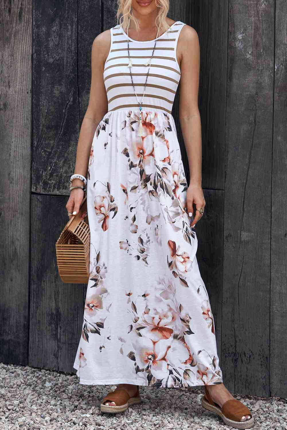 Striped Floral Round Neck Sleeveless Maxi Dress -BazaarBey - www.shopbazaarbey.com