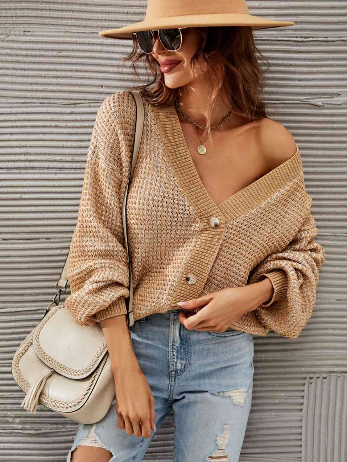 Heathered Lantern Sleeve Cardigan Trendsi