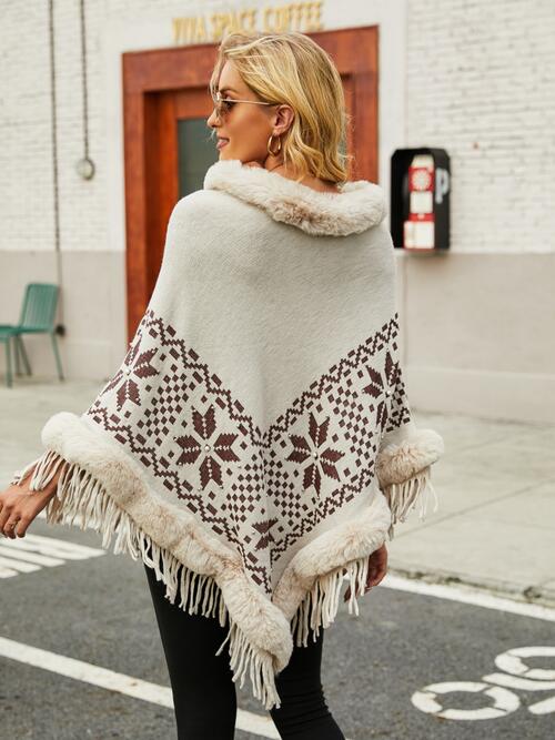 Fringe Geometric Cape Sleeve Poncho Bazaarbey