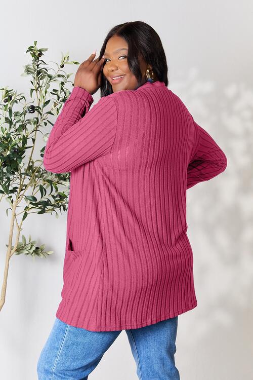   Ribbed Open Front Cardigan with Pockets Bazaarbey