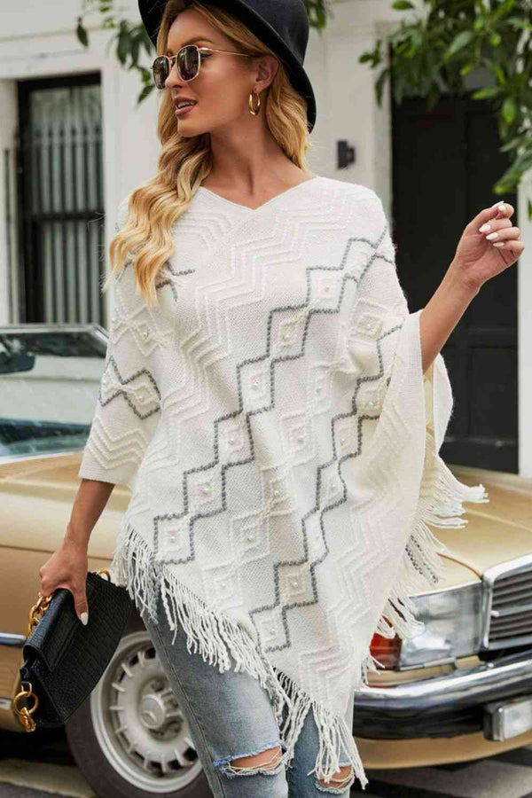 Pearl Trim V-Neck Fringe Hem Poncho Bazaarbey