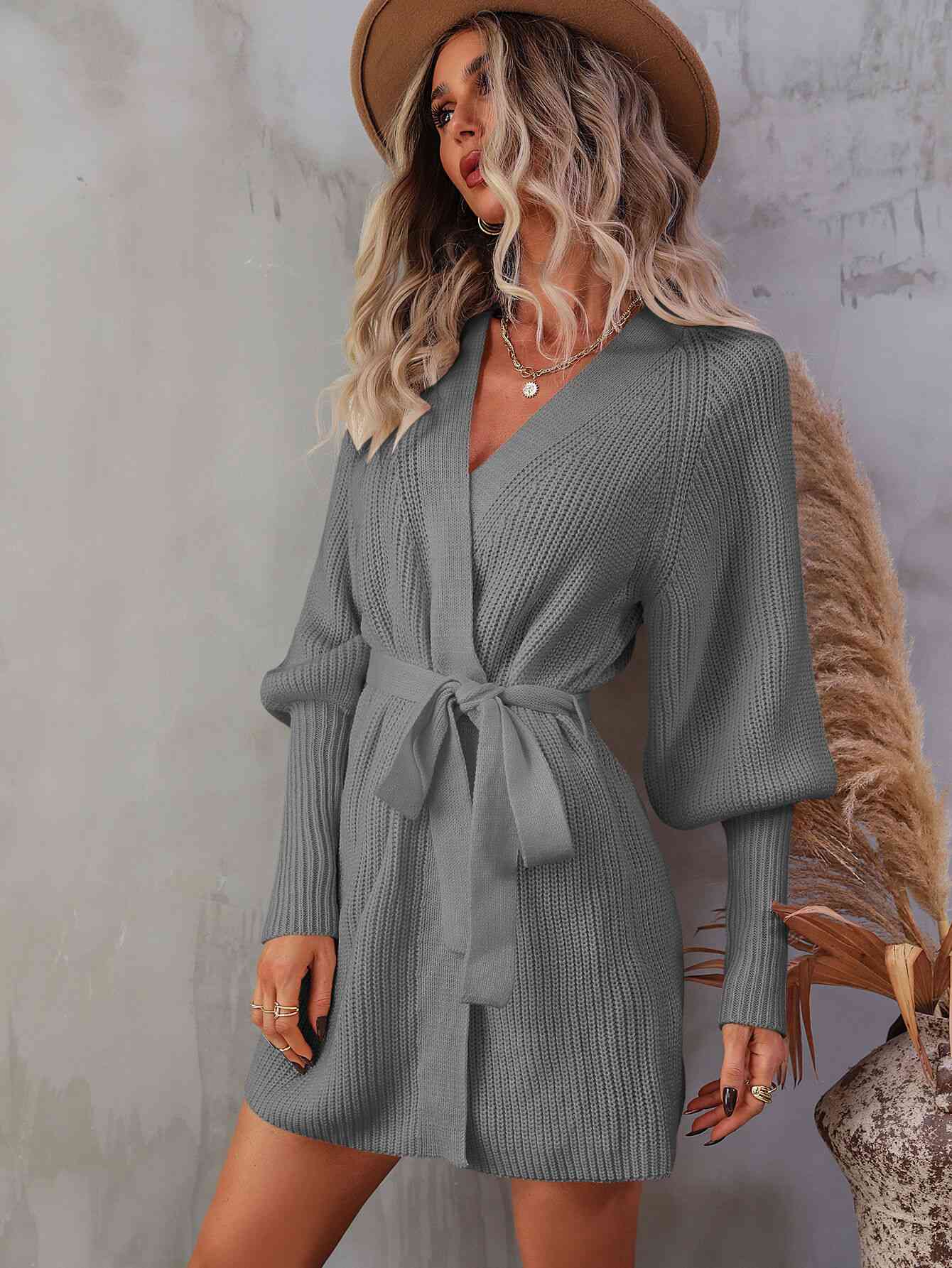 Belted Surplice Lantern Sleeve Wrap Sweater Dress Bazaarbey