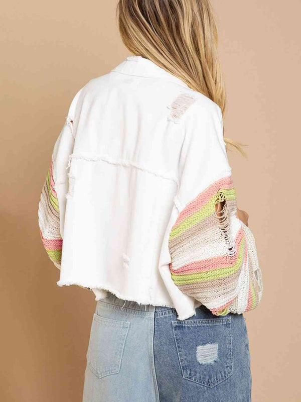 Distressed Striped Long Sleeve Denim Jacket Bazaarbey