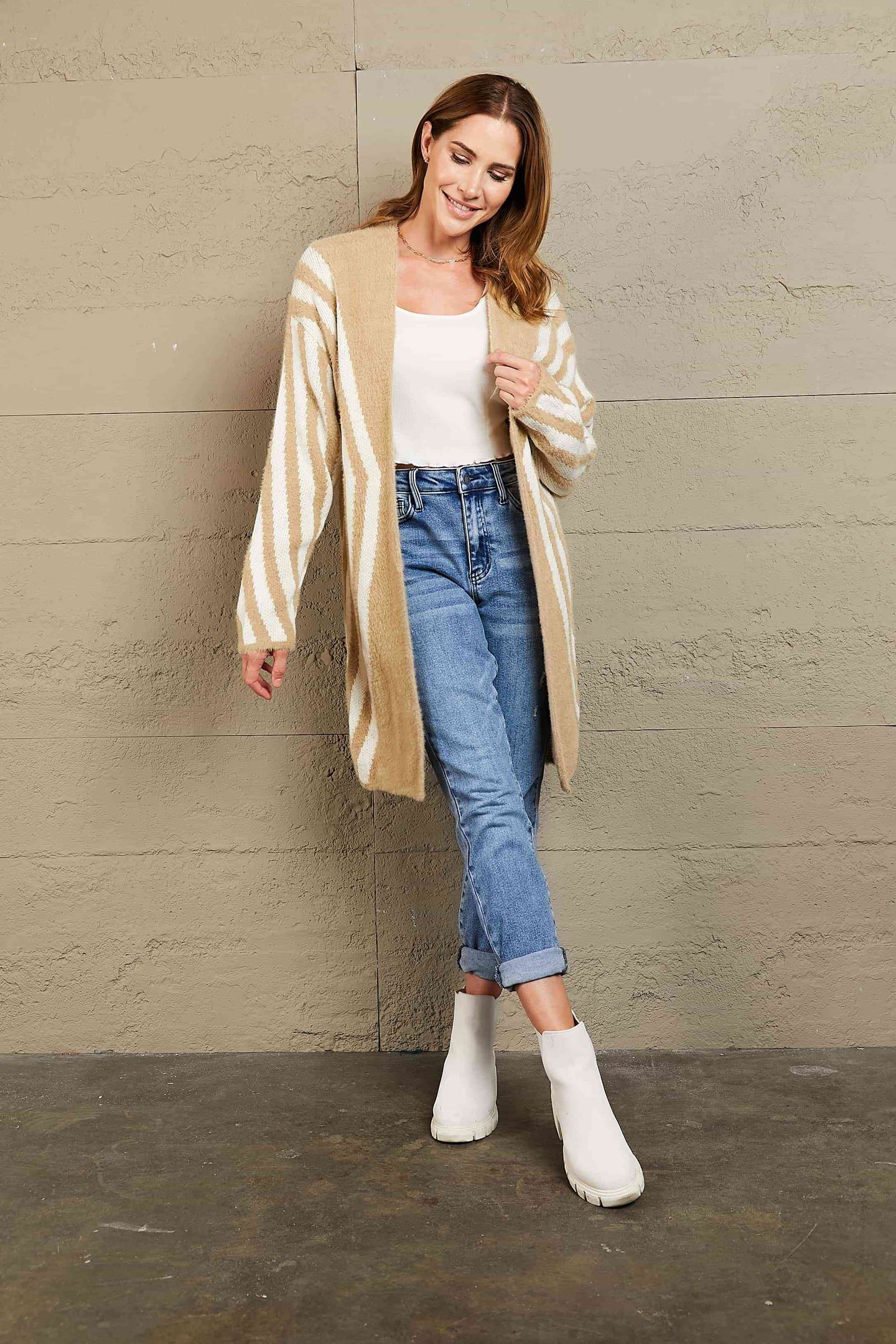 Woven Right Two-Tone  Fuzzy  Cardigan Trendsi