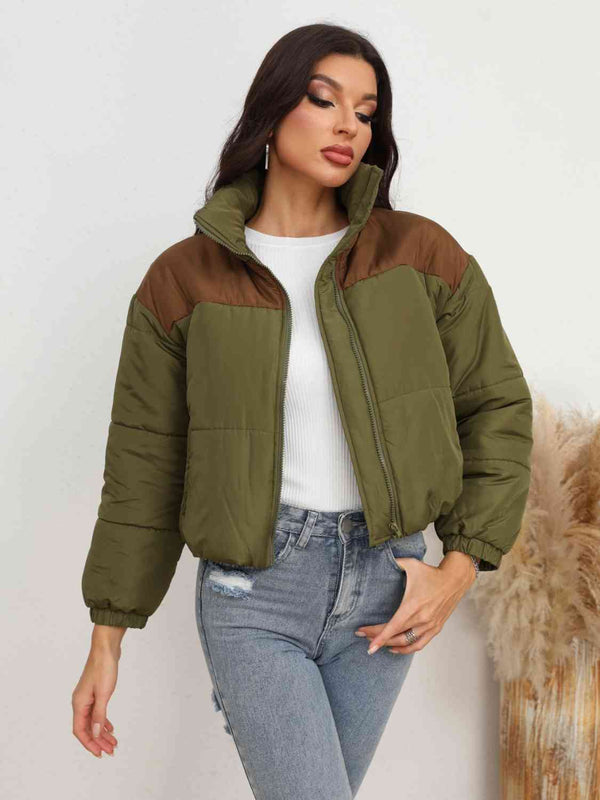 Two-Tone Zip-Up Puffer Jacket Trendsi