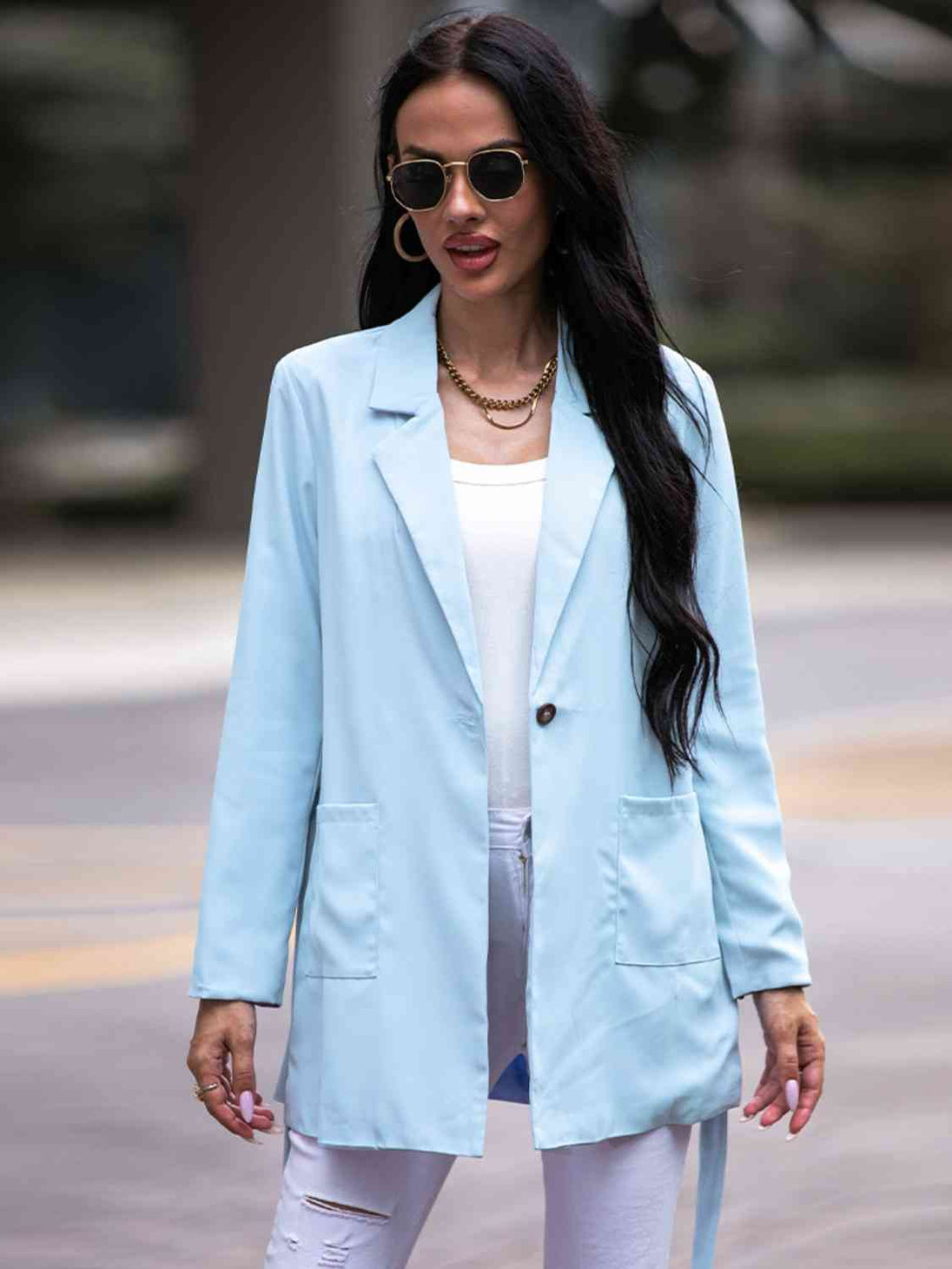 Tie Waist Long Sleeve Blazer Trendsi