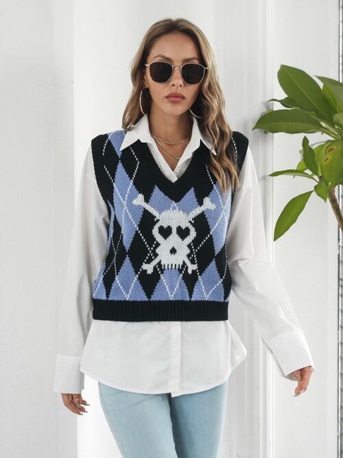 Skull  V-Neck Sweater Vest Trendsi