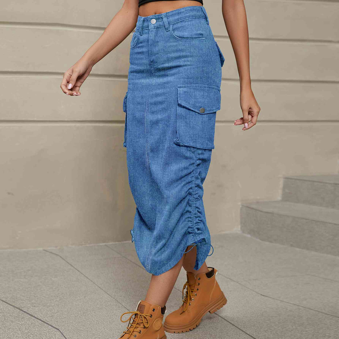 Drawstring Ruched Slit Denim Midi Skirt Bazaarbey