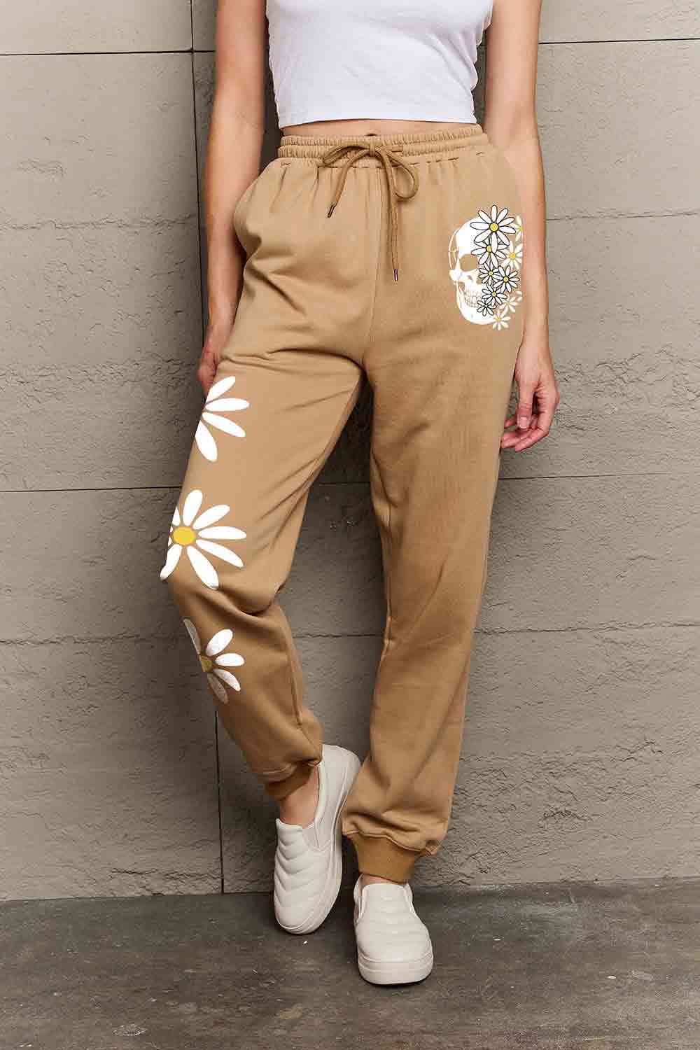    Drawstring Flower & Skull Graphic Long Sweatpants Bazaarbey