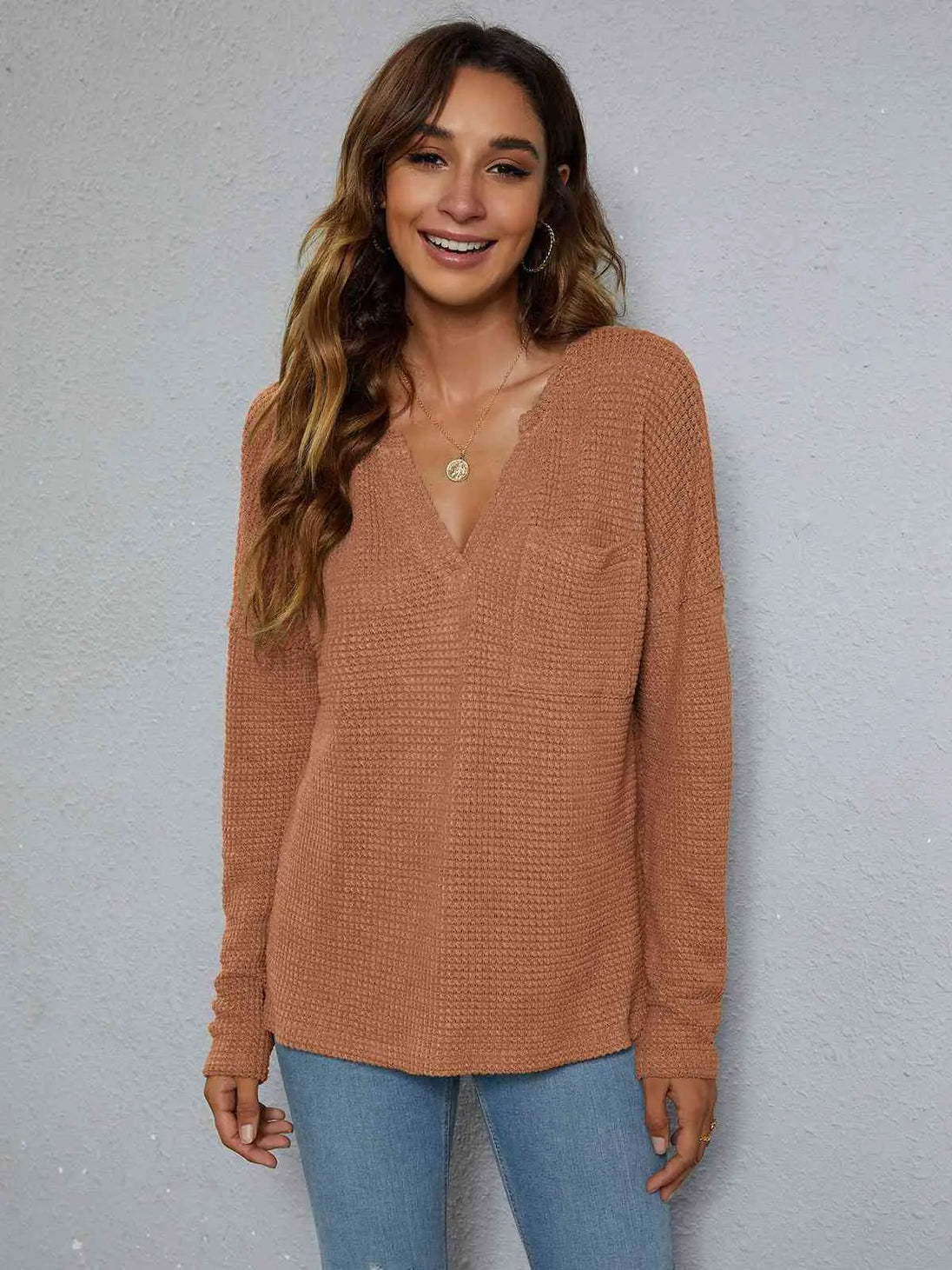 Dropped Shoulder High-Low Waffle-Knit Top Bazaarbey