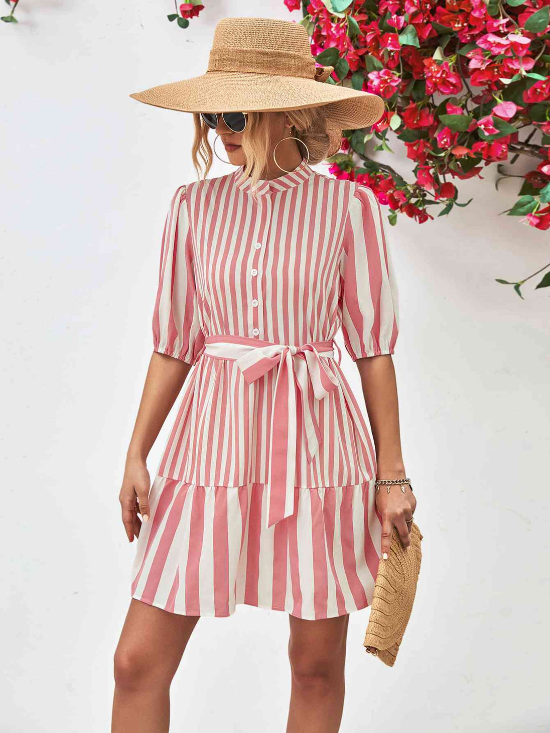 Striped Half Sleeve Tie Waist Mini Dress -BazaarBey - www.shopbazaarbey.com