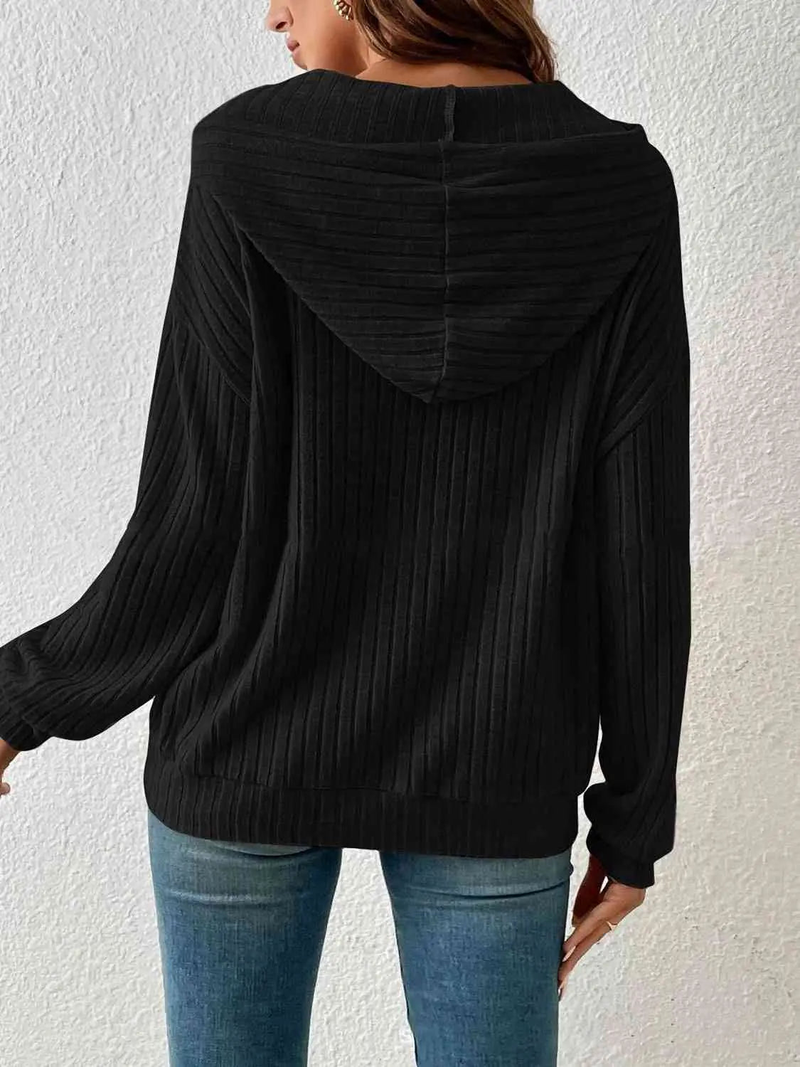 Ribbed Dropped Shoulder Drawstring Hoodie Bazaarbey