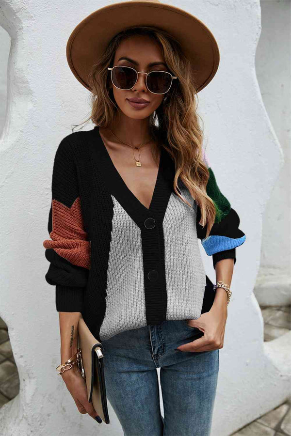 Contrast Button Front V-Neck Cardigan Trendsi