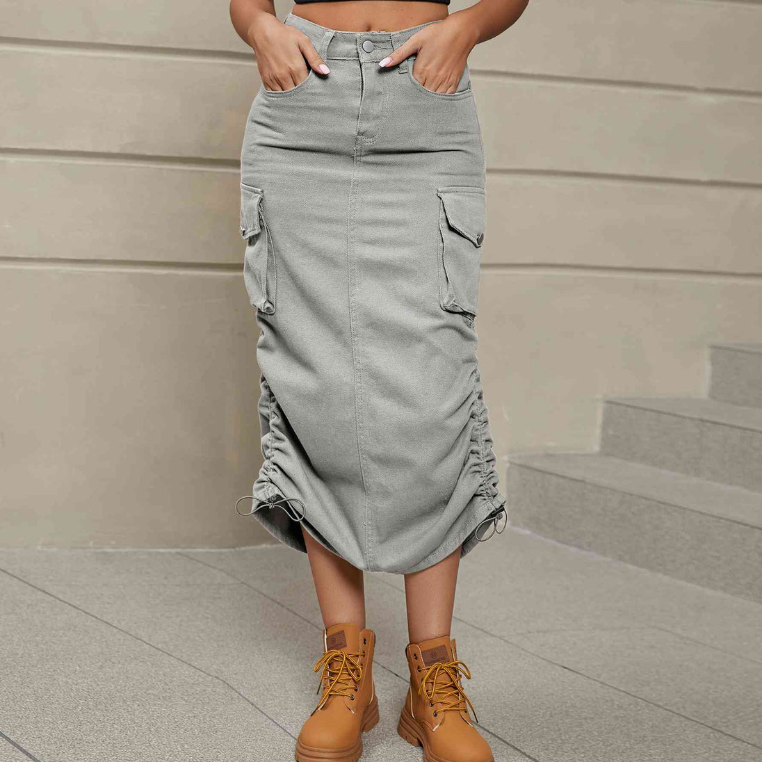 Drawstring Ruched Slit Denim Midi Skirt Bazaarbey