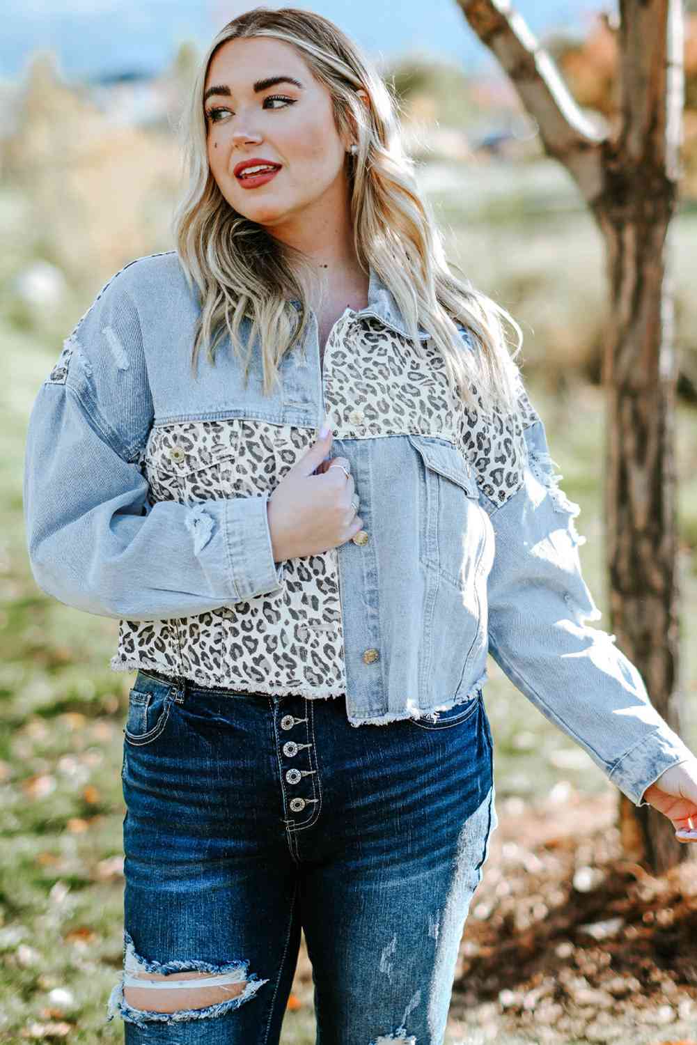 Plus Size Leopard Raw Hem Distressed Spliced Denim Jacket Bazaarbey