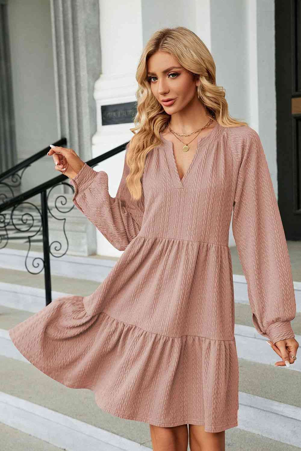 Notched Neck Long Sleeve Mini Dress Bazaarbey