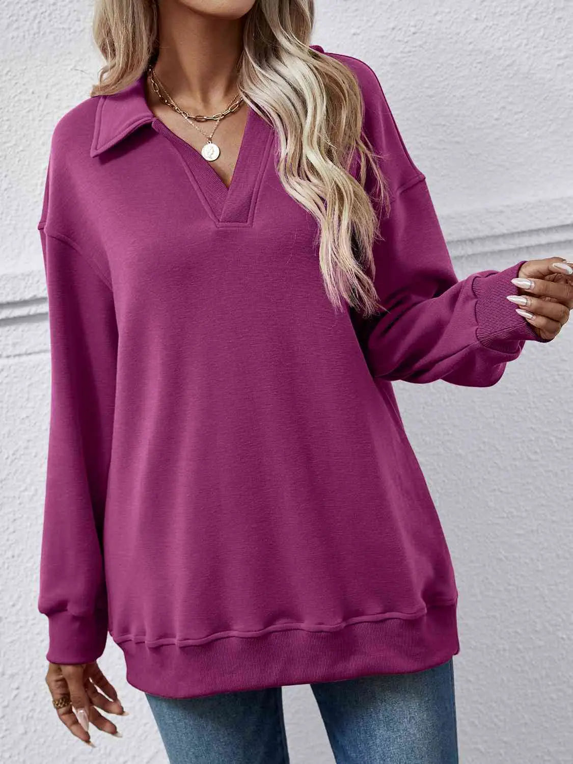 Collared Neck Dropped Shoulder Sweatshirt Bazaarbey