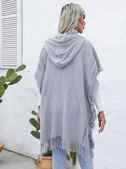 Fringe Trim Buttoned Hooded Poncho Bazaarbey