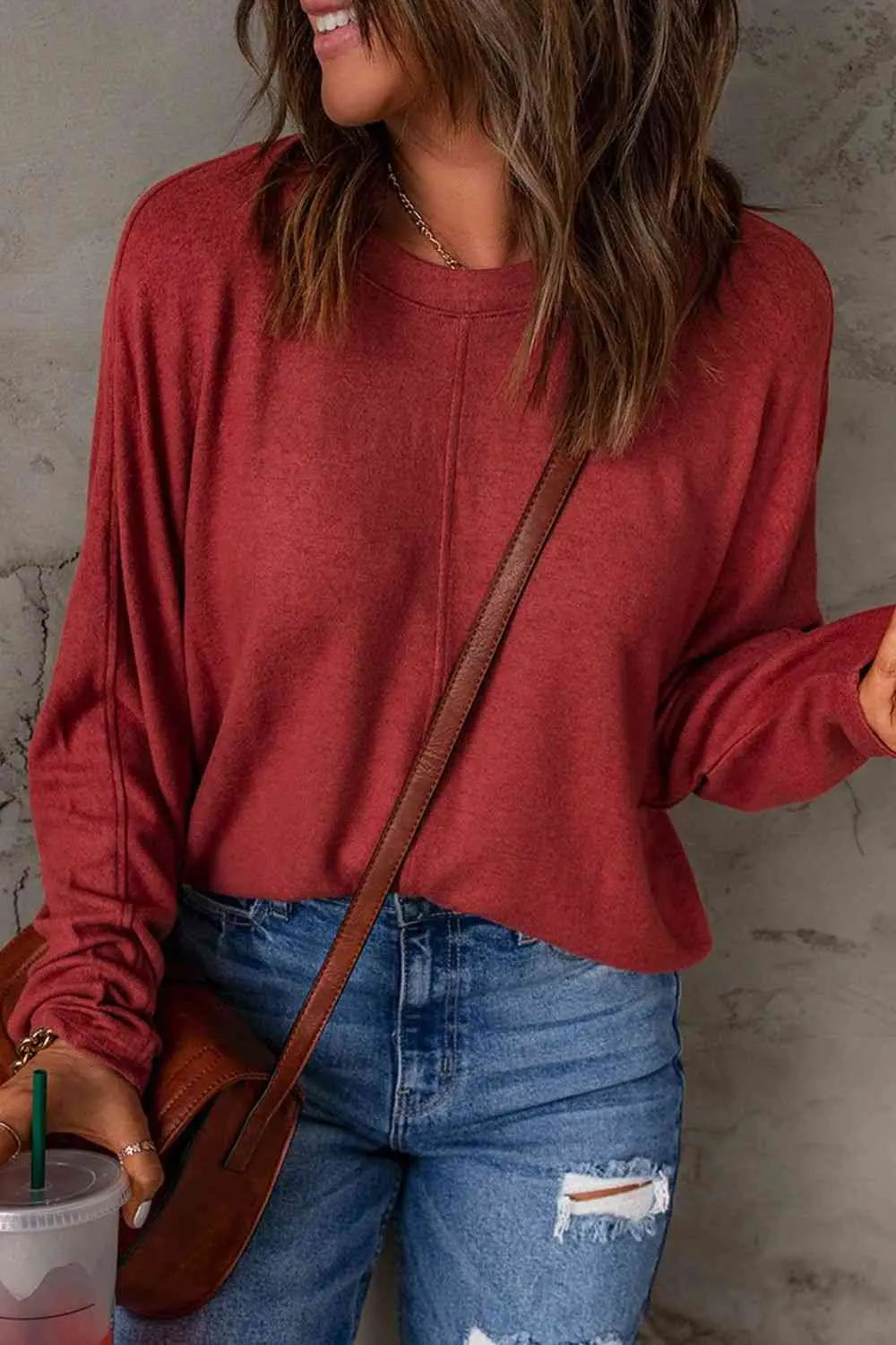 Seam Detail Round Neck Long Sleeve Top Trendsi