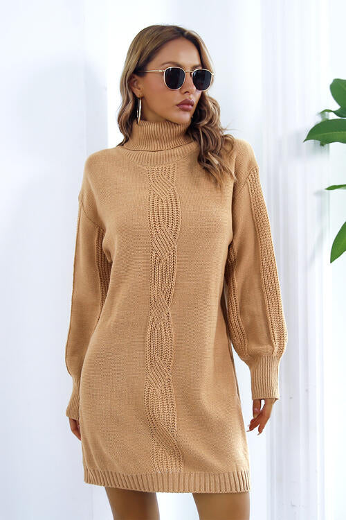 Openwork Turtleneck Long Sleeve Sweater Dress Bazaarbey